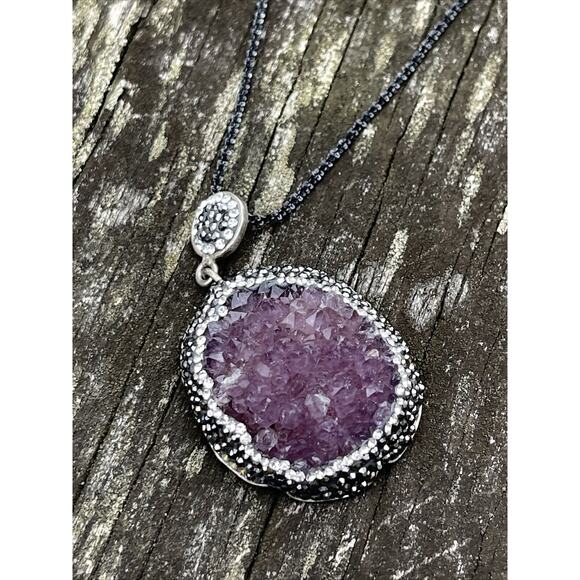 Raw Amethyst Sterling Silver Necklace Pendant 925 Druzy - Picture 6 of 16